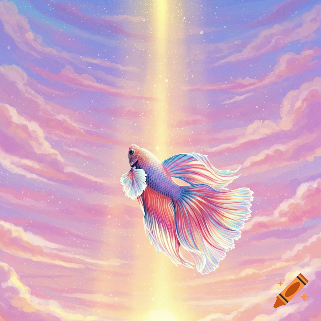 A colorful betta fish swimming upwards into a beam of light in a pastel cloudscape.