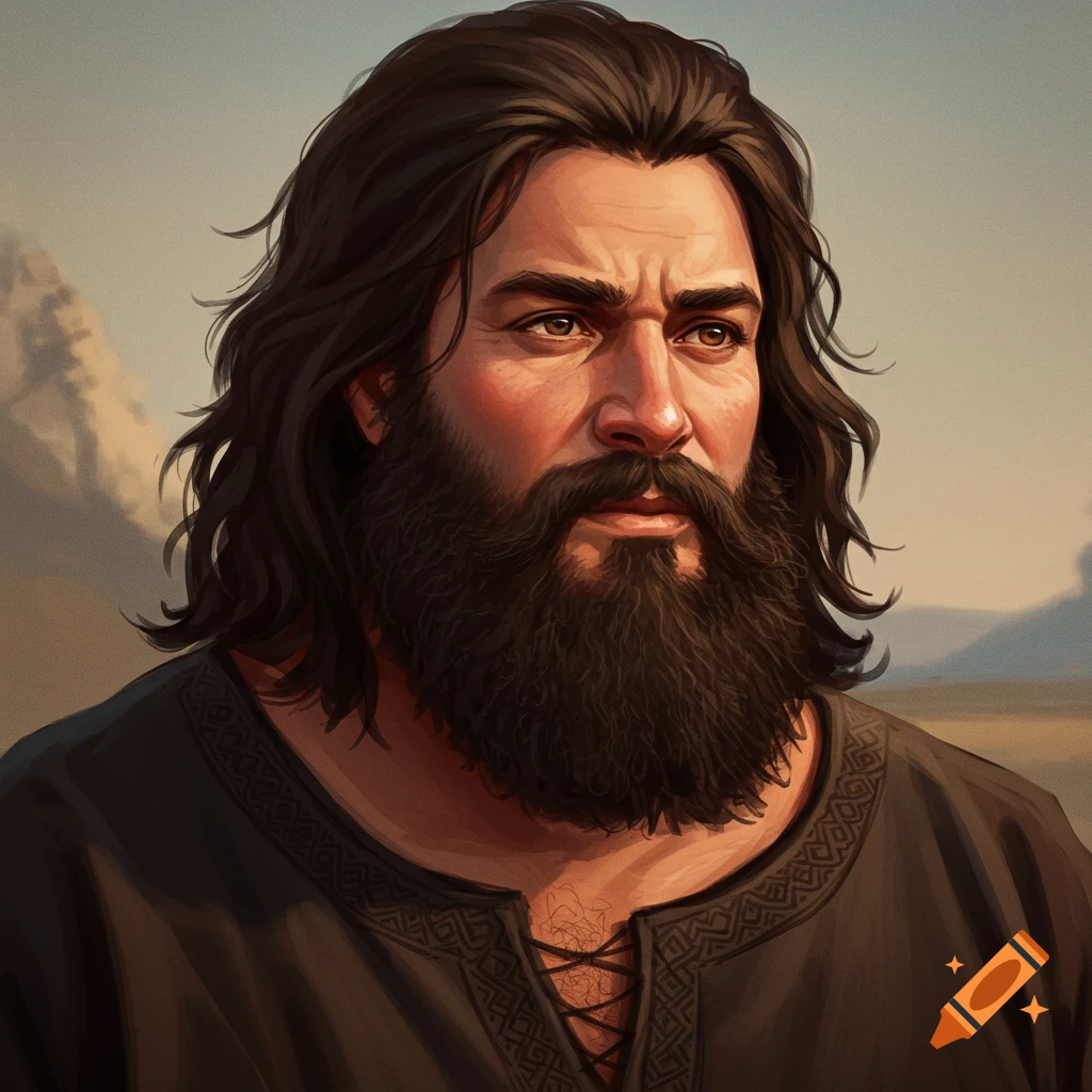 Image of a man with long dark hair and beard looking to the side.