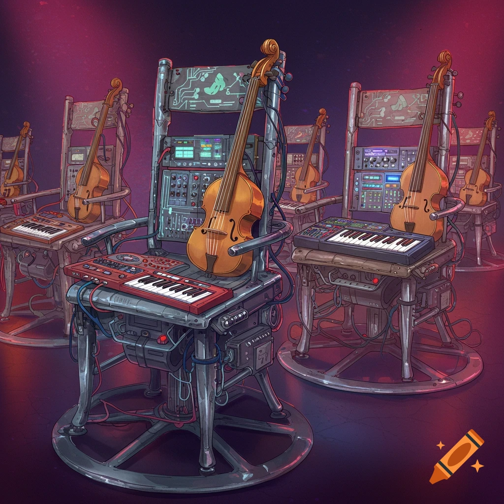 Steampunk-style chairs fitted with violins, keyboards, and electronic components, resembling musical electric chairs.