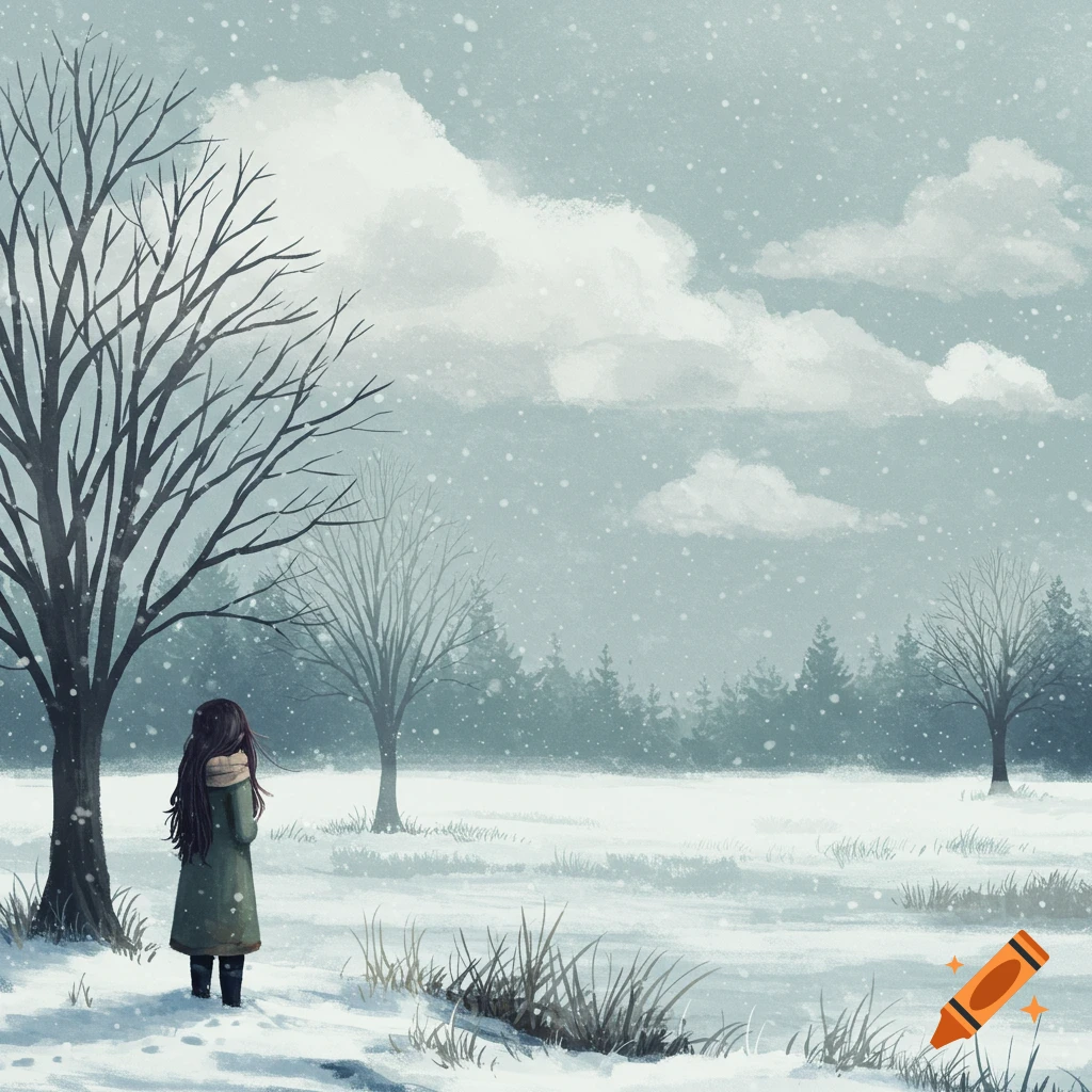 A person standing in a snowy field looking towards bare trees and a forest.