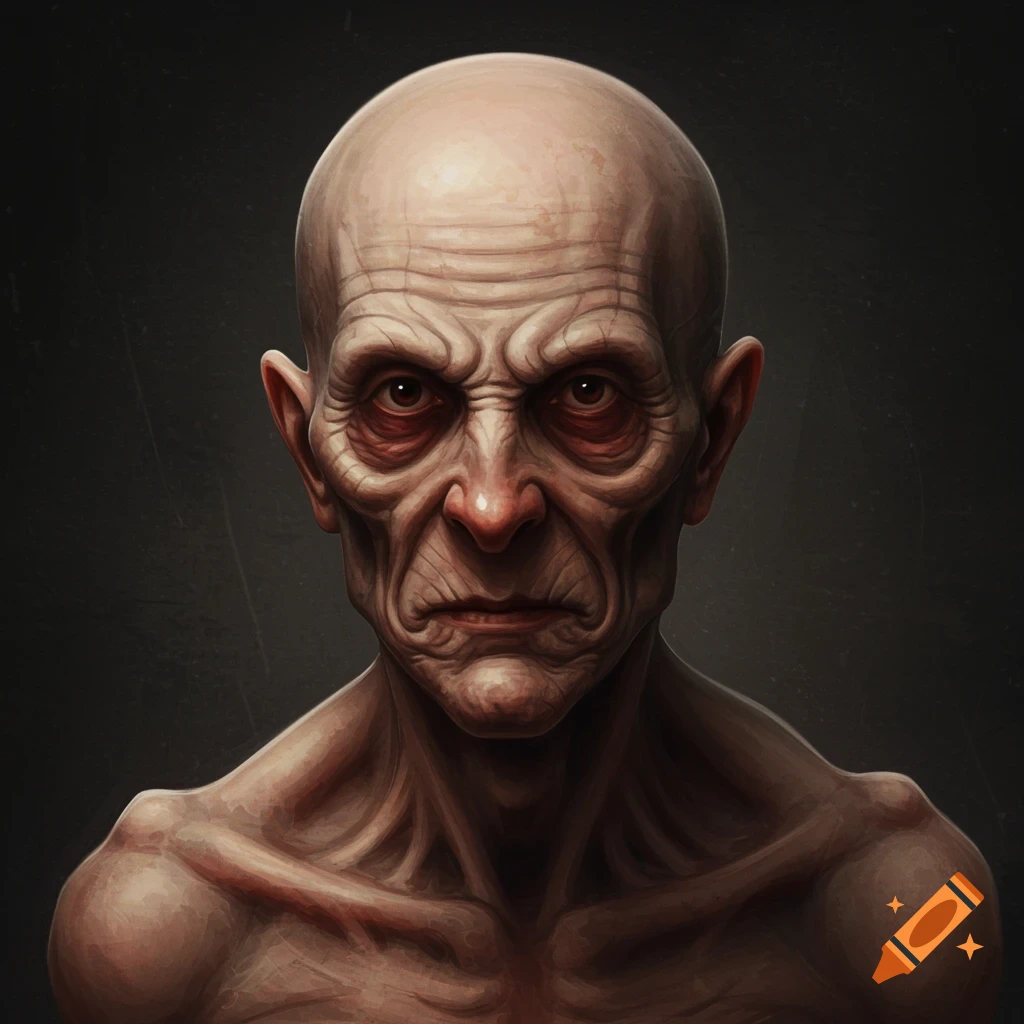 Close-up horror portrait of a gaunt, old, bald creature with wrinkled skin.