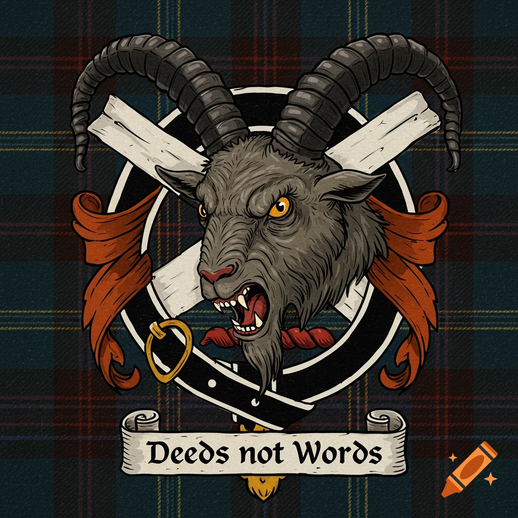 Stylized illustration of an angry goat head on a Scottish tartan background with a banner reading 'Deeds not Words'.