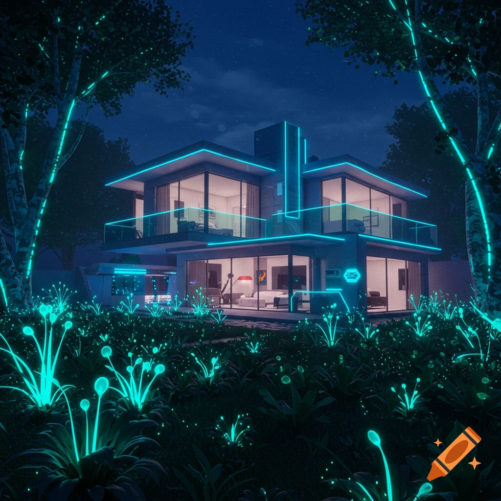 A futuristic house with neon trim at night, surrounded by glowing plants and trees.
