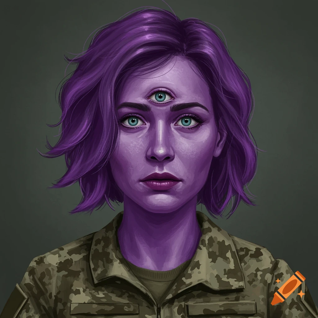 A person with purple skin and three eyes is wearing a military jacket.