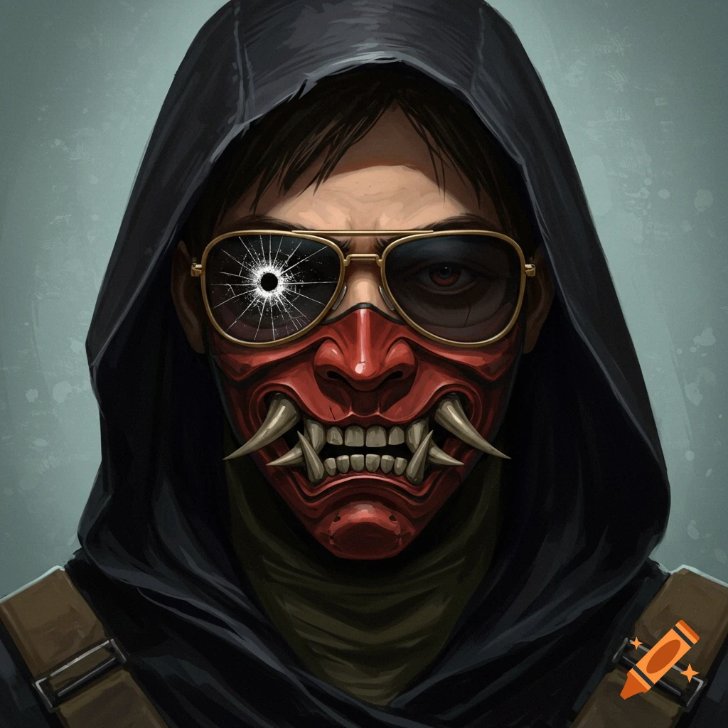 A person is wearing a hood, an oni mask, and aviator sunglasses with a cracked lens and bullet hole.