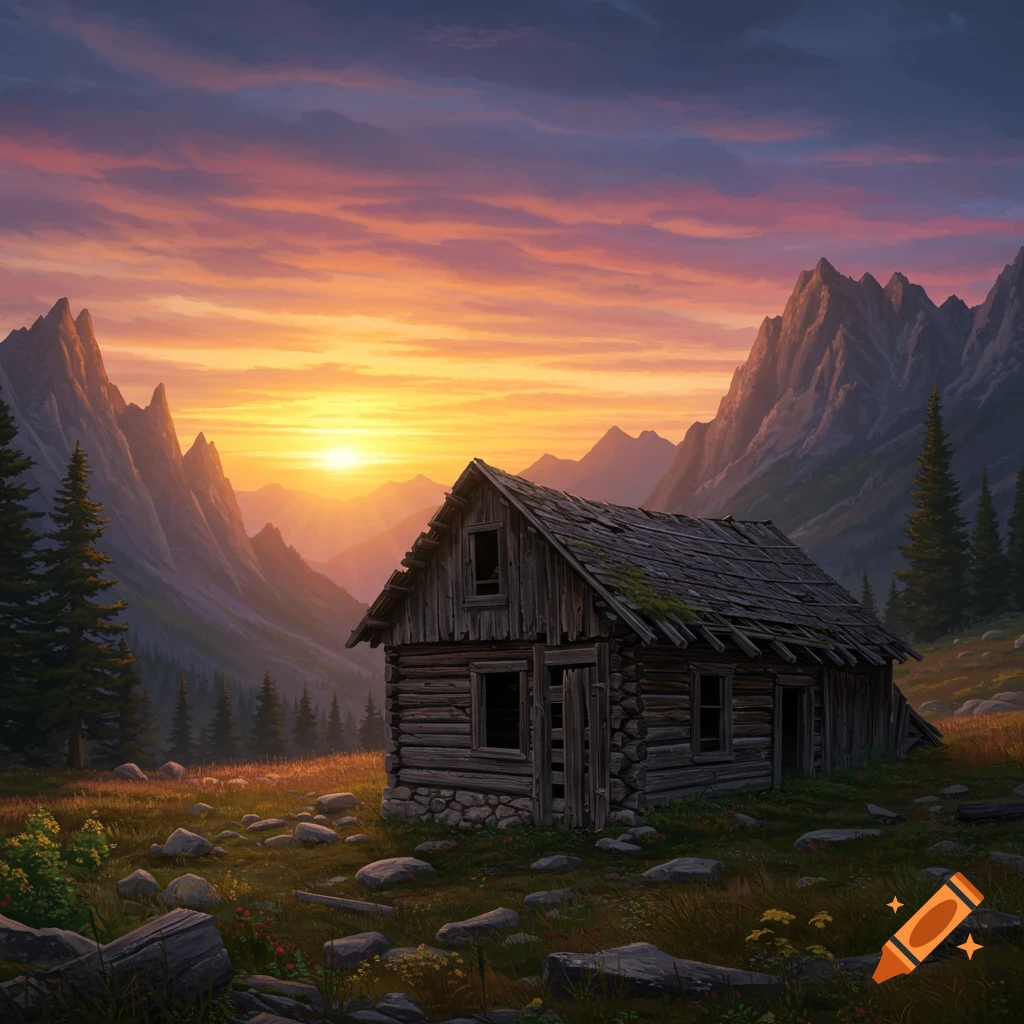 An old wooden cabin stands in a mountain valley at sunrise.