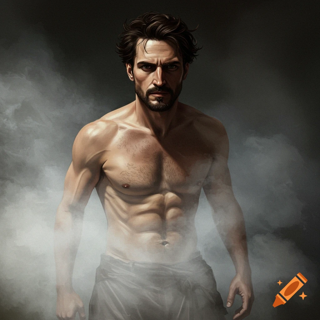Shirtless man with muscles emerging from mist in a Caravaggio style.