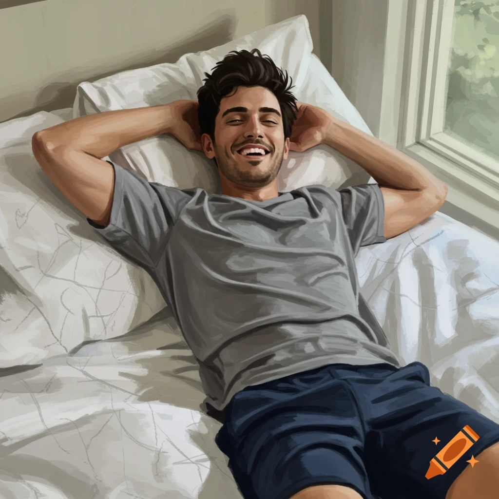 A man smiling while lying on a bed.