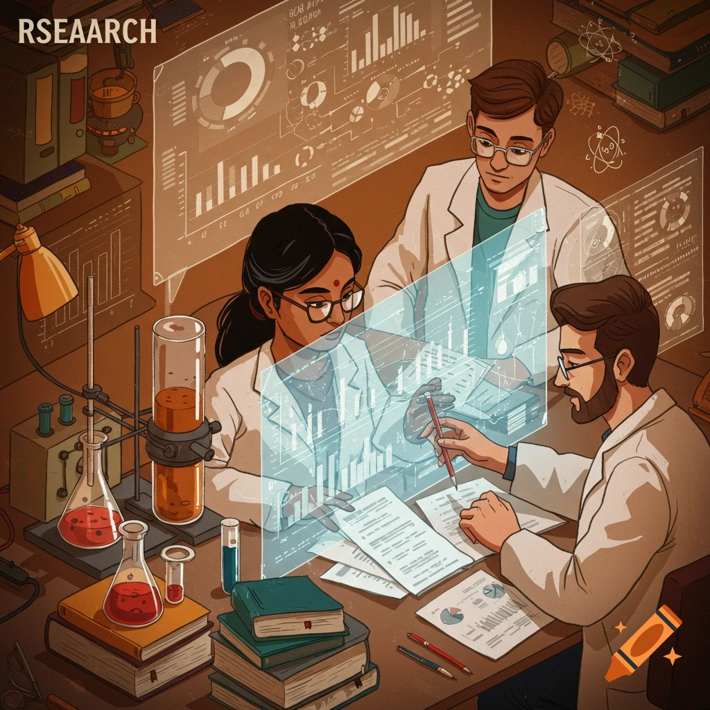 An illustration of scientists working in a lab with holographic data displays and beakers.