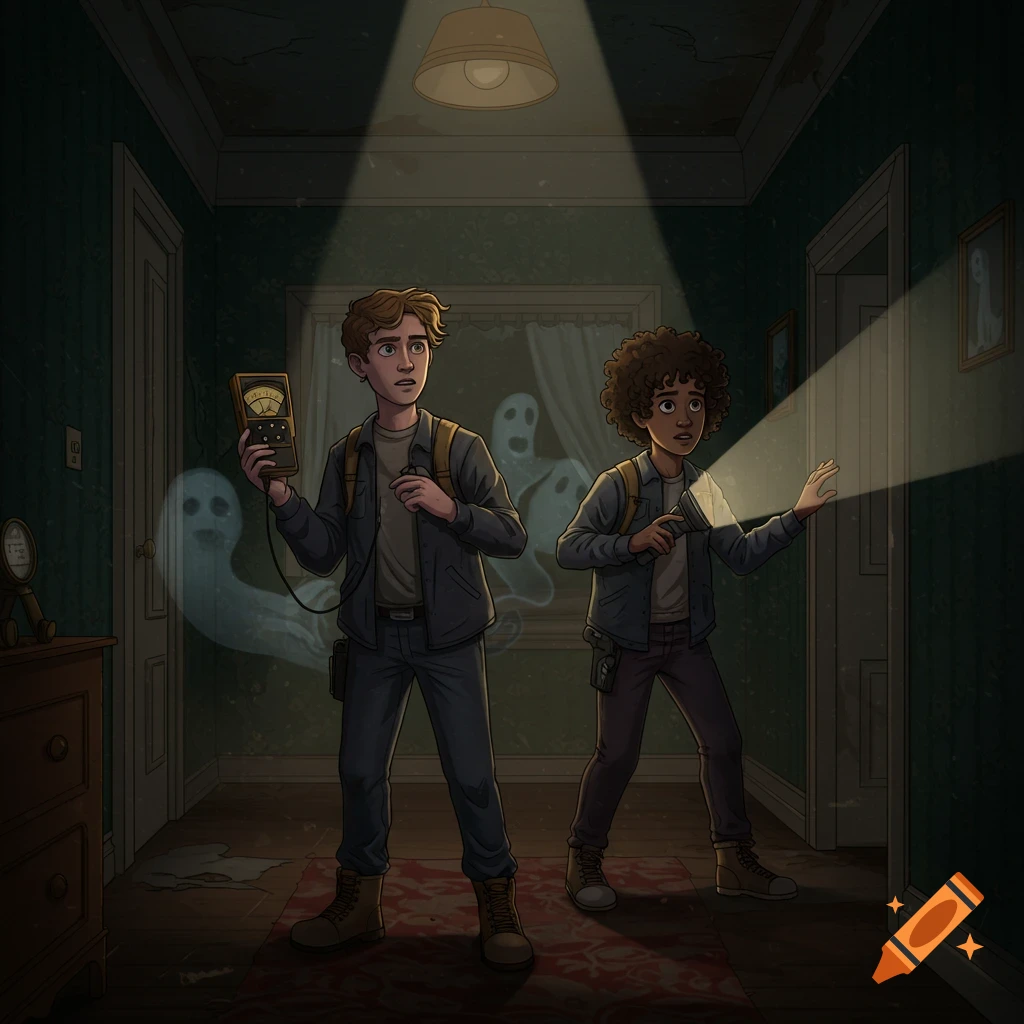 Two boys are ghost hunting in a spooky hallway with several transparent ghosts floating around them.