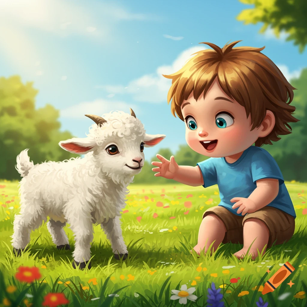 Whimsical illustration of a child reaching out to a baby goat in a sunny meadow.