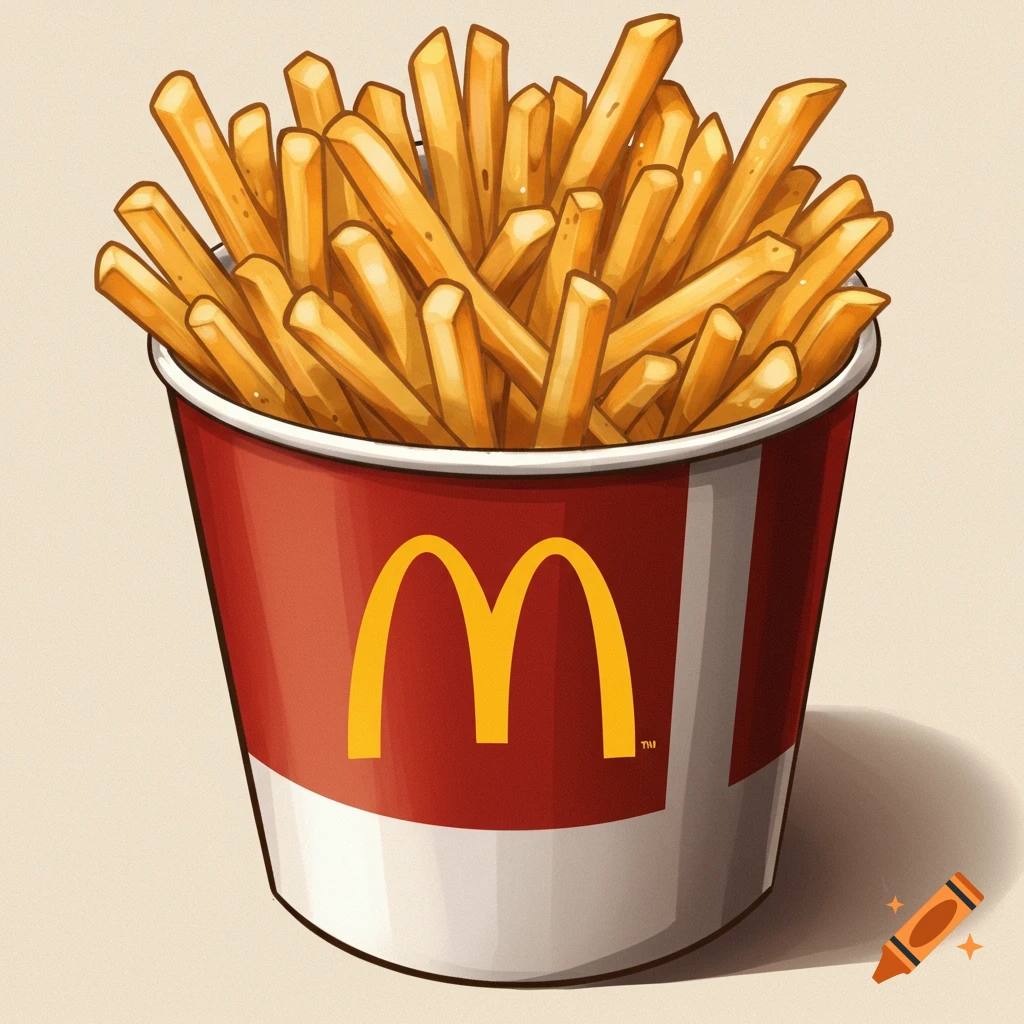 A red and white bucket filled with french fries featuring a yellow McDonald's logo.