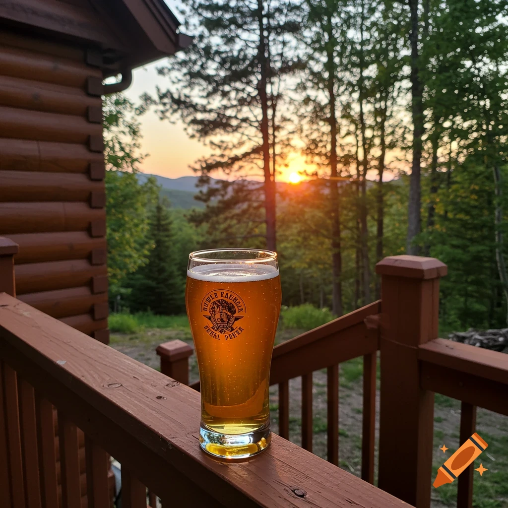 A glass of beer on a deck railing overlooking a sunset forest view from a cabin.