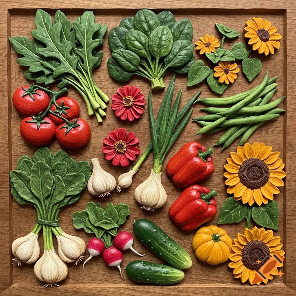 Wood relief carving of harvested vegetables and flowers on a wooden surface.
