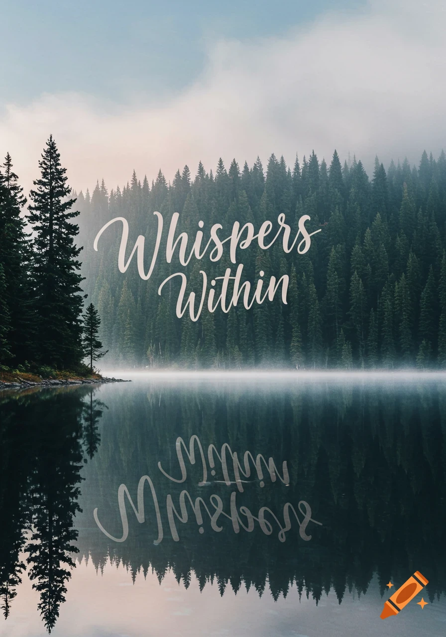Misty lake reflecting pine trees, with 'Whispers Within' text overlay