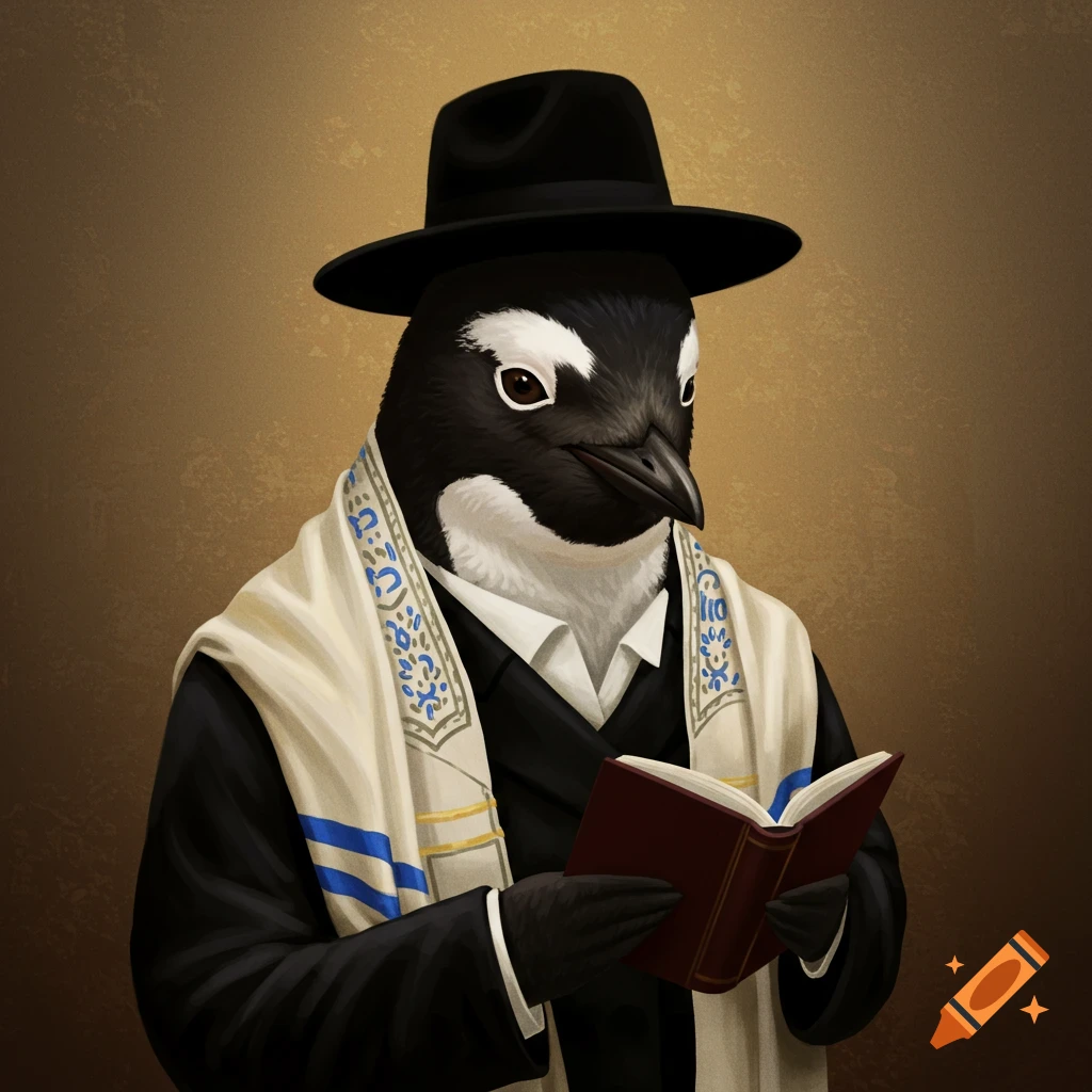 A penguin wearing a hat and tallit, holding a book.
