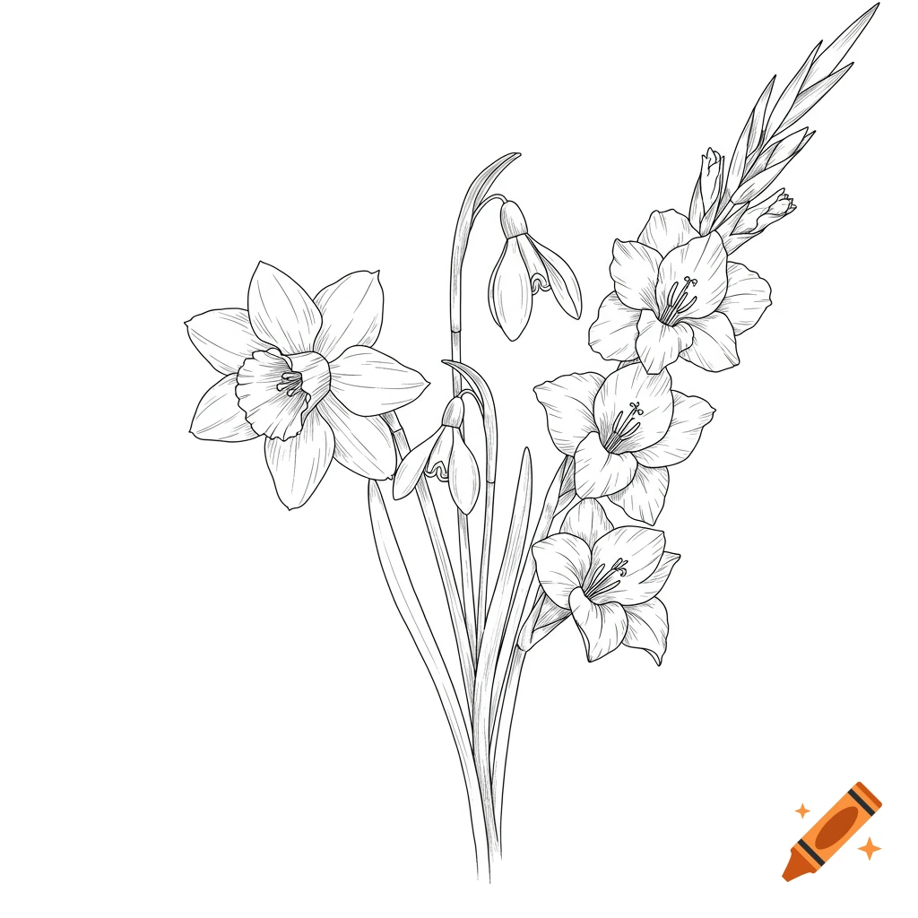 Black and white line drawing of a bouquet with daffodil, snowdrop, and gladiolus flowers.