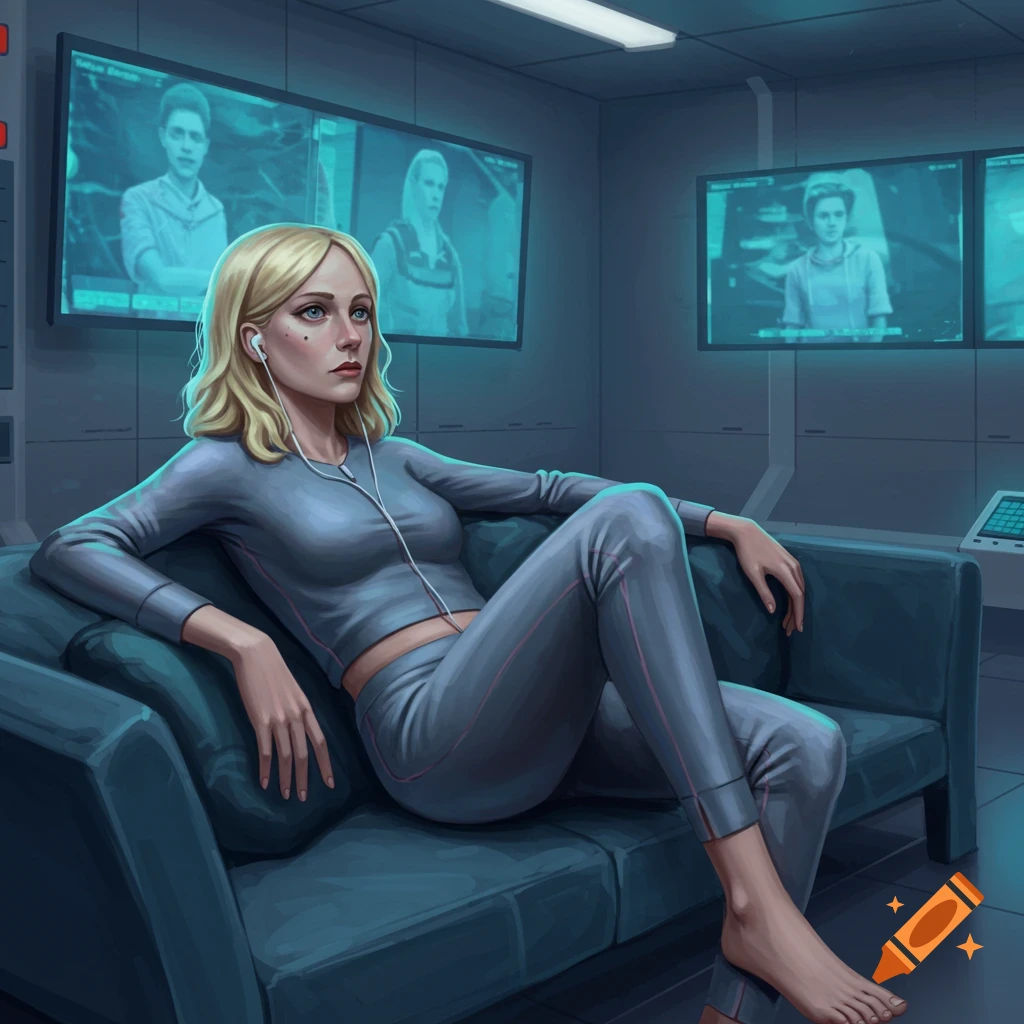 A woman in loungewear is sitting on a couch in a futuristic room filled with screens.