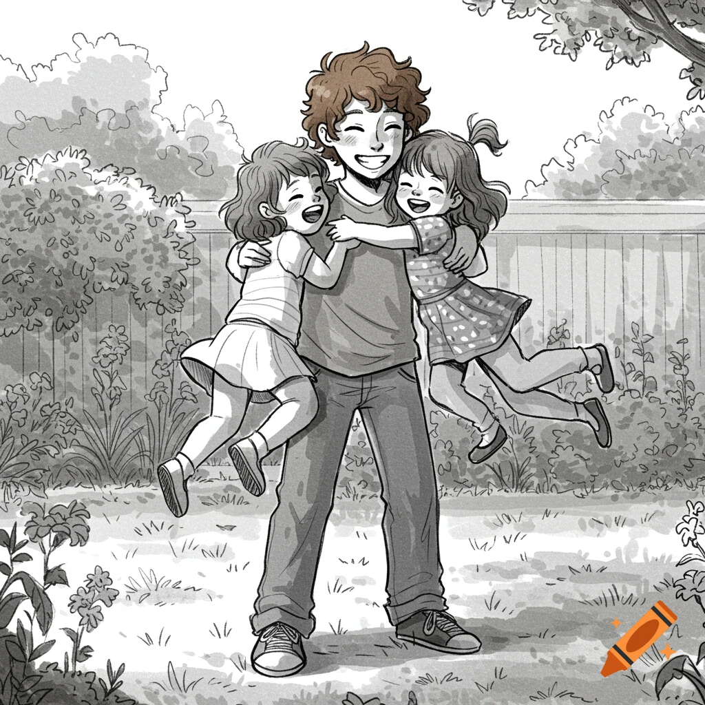 Black and white sketch of a young man hugging two laughing girls in a sunny backyard.