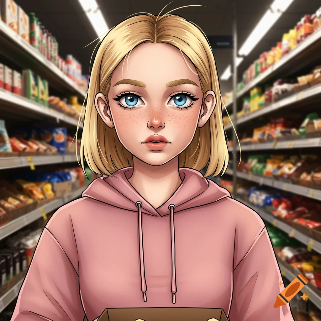 Anime portrait of a girl with blonde hair and blue eyes in a pink hoodie, standing in a grocery store.