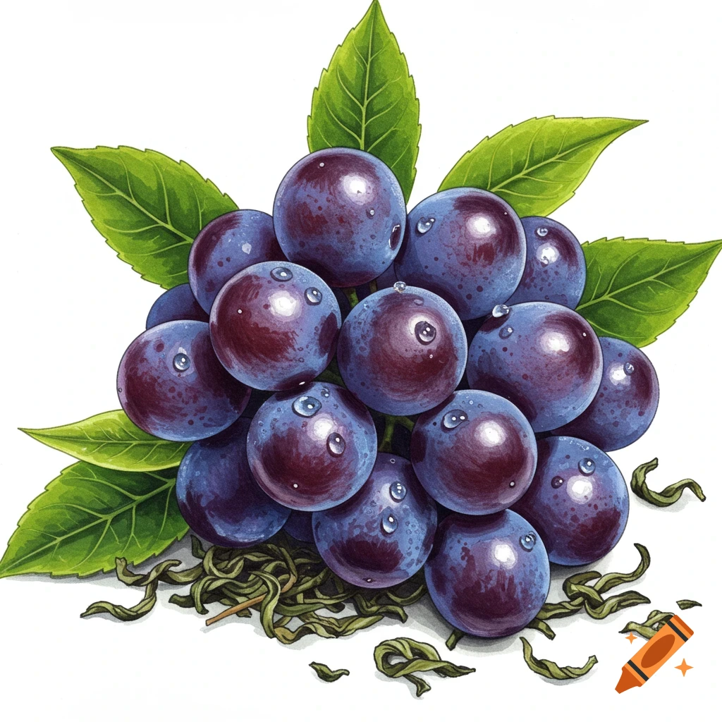 A cluster of dark purple grapes with green leaves and dried tea leaves below.