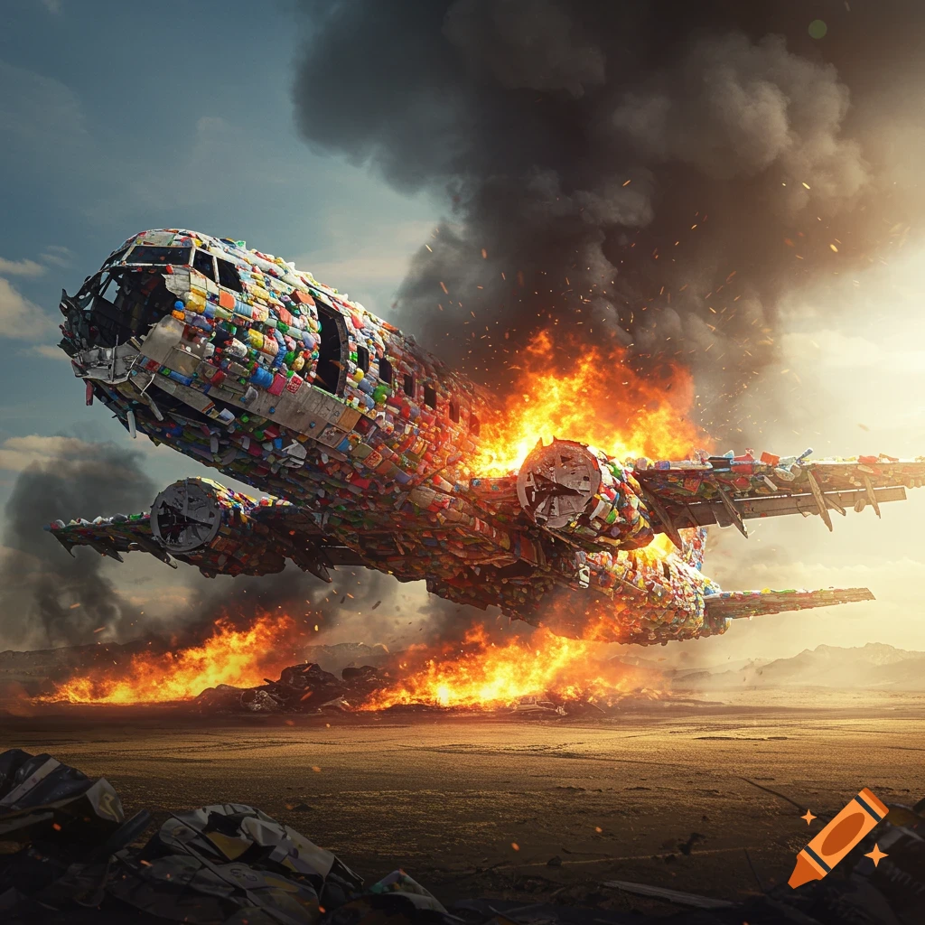 A plane made of recycled bottles is shown crashing and burning