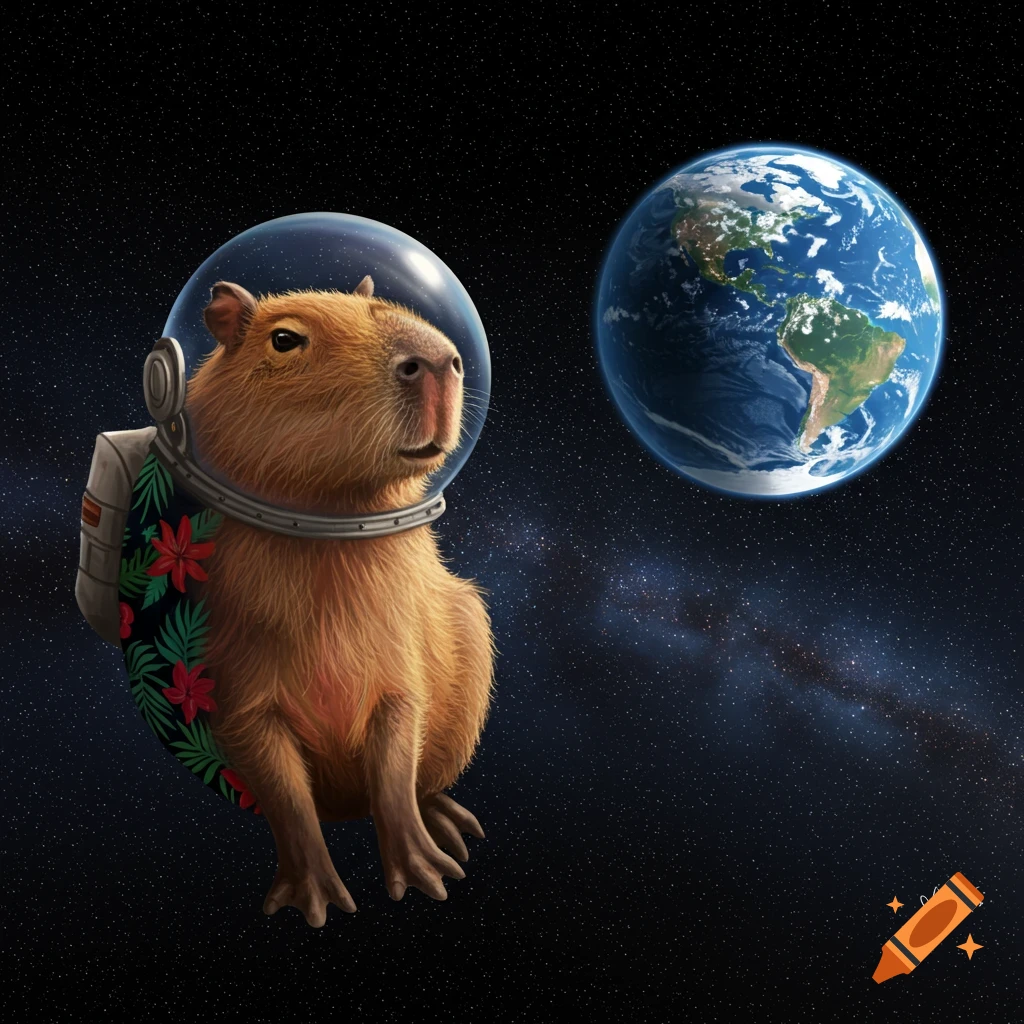 A capybara in a spacesuit floats next to Earth.