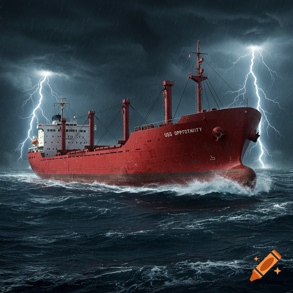 A red cargo ship sails through a stormy sea with lightning.