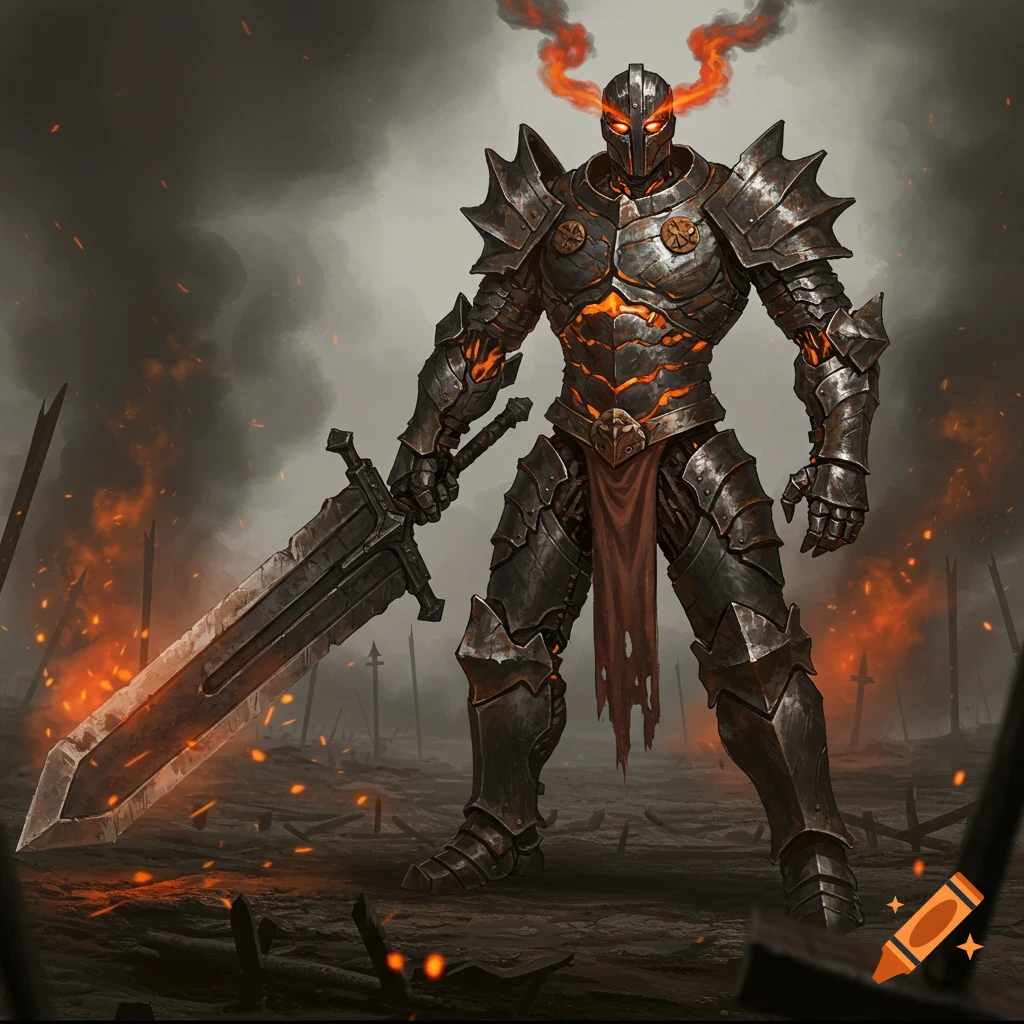 An armored knight with glowing eyes and fiery fumes stands in a battlefield with a giant sword.