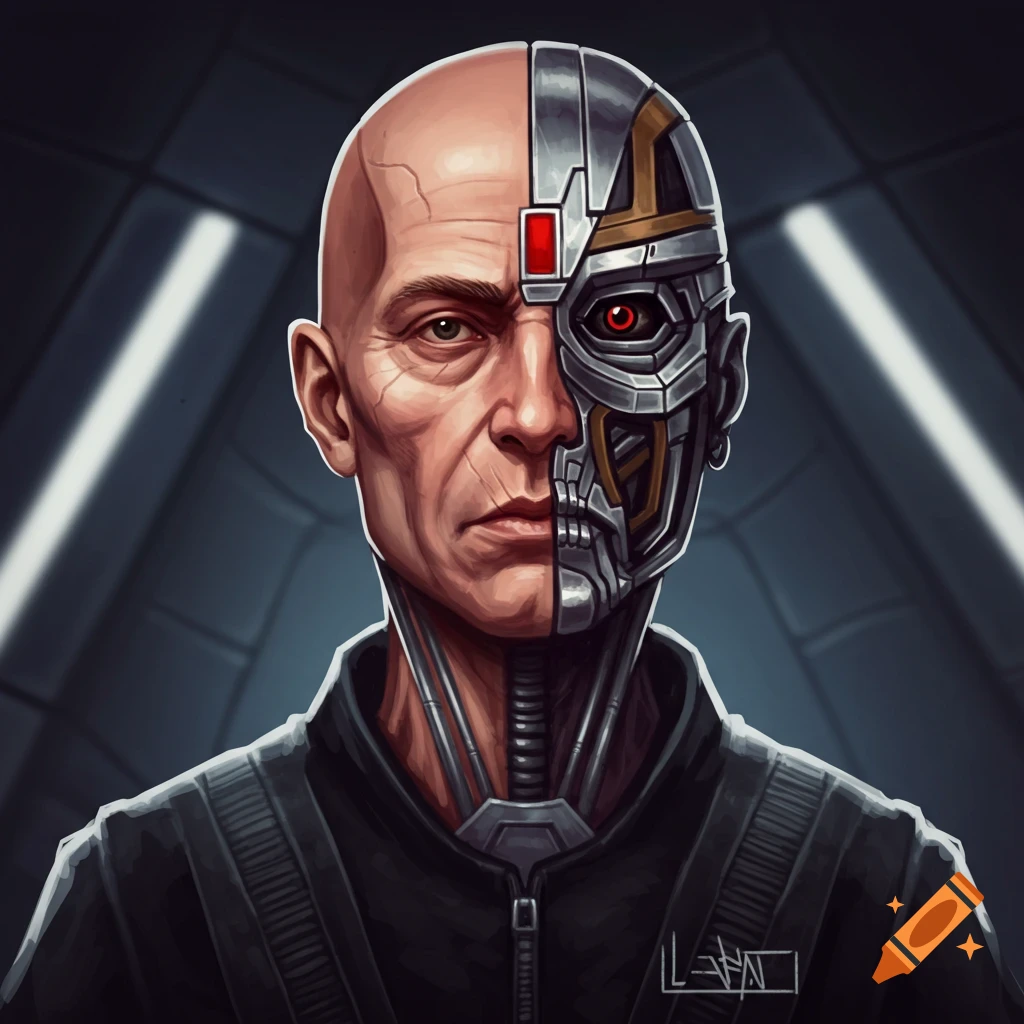 Portrait of a man with half human, half cyborg face.
