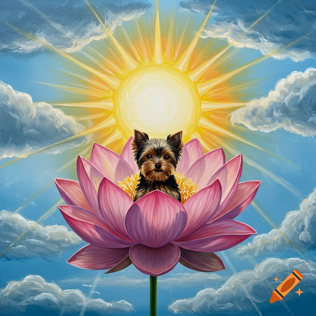A Yorkie dog sits in a large pink lotus flower floating in the sky under a bright sun with rays. Acrylic painting style.