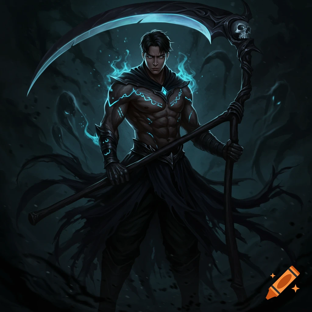 A fantasy figure is shown holding a scythe, with glowing blue markings and shadowy figures in the background.