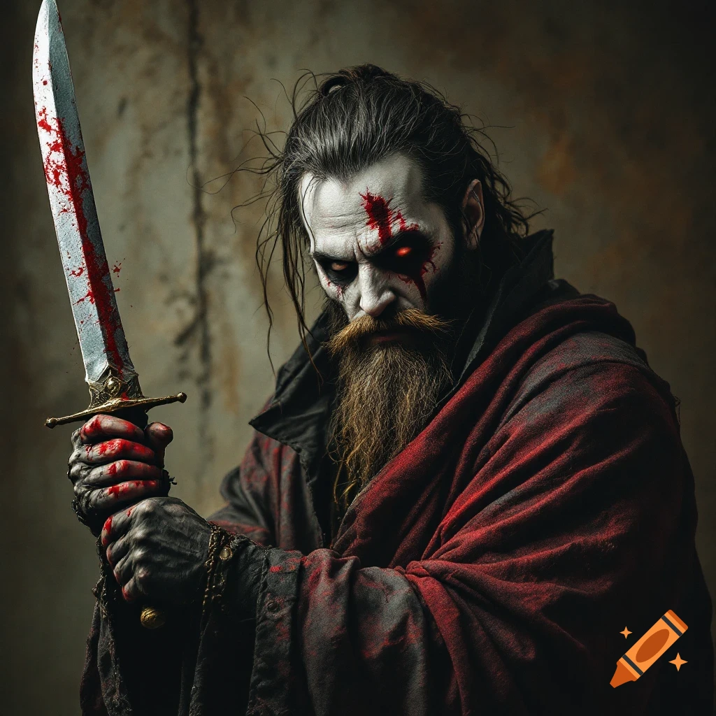 A dark fantasy portrait of a bearded person with pale skin, red marks, and glowing eyes holding a bloody sword.