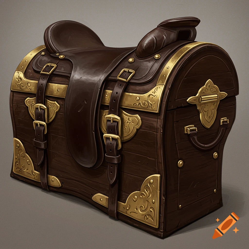 A wooden chest wrapped in leather like a saddle, with gold buckles.