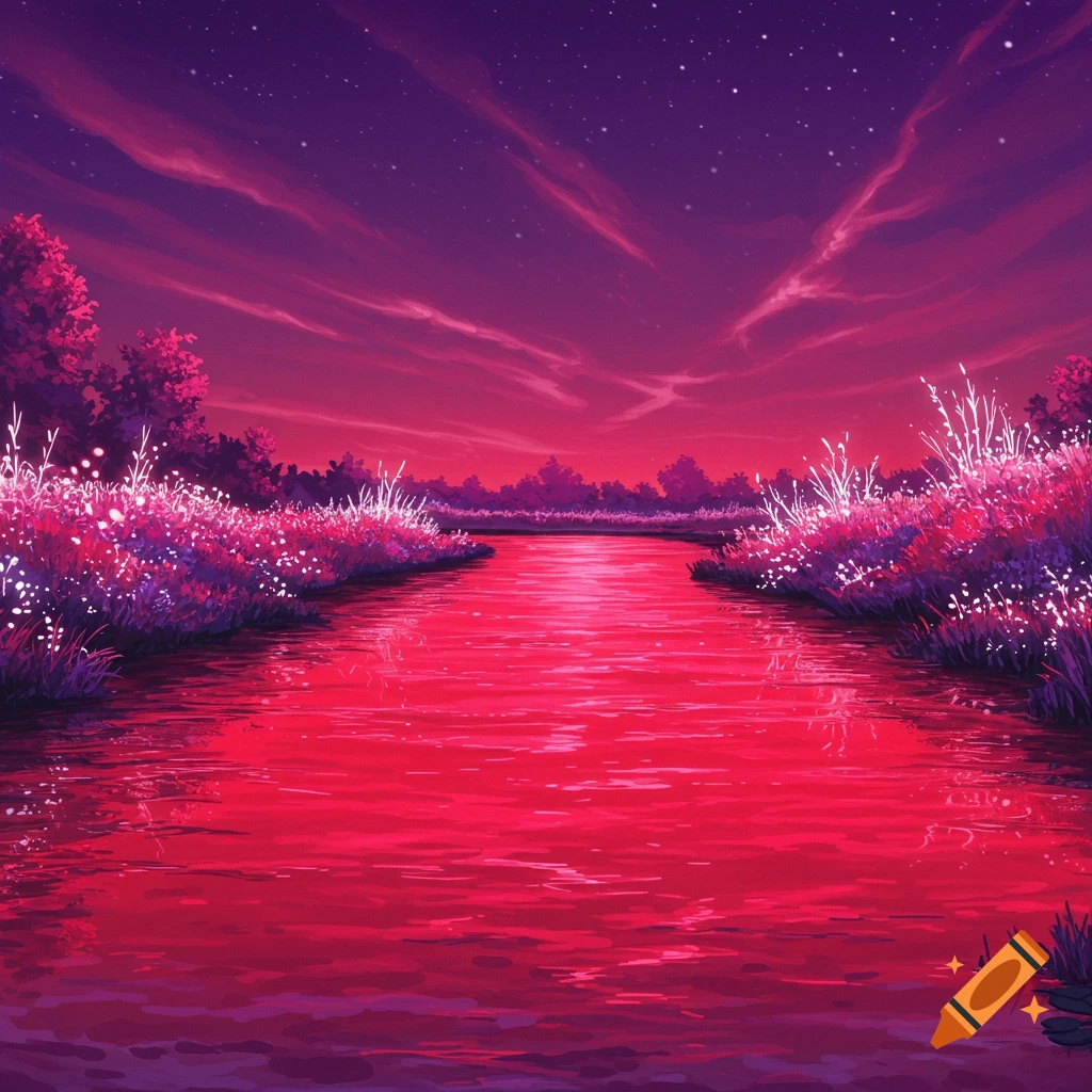 A vibrant red river flowing through a landscape with pink and purple trees and foliage under a starry sky.