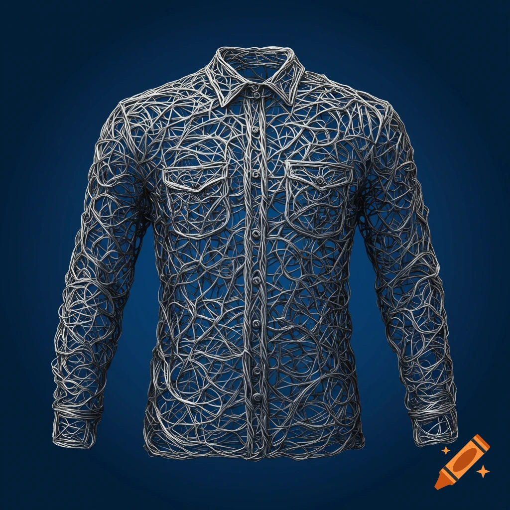 A long sleeve shirt made of tangled metal wires on a blue background.