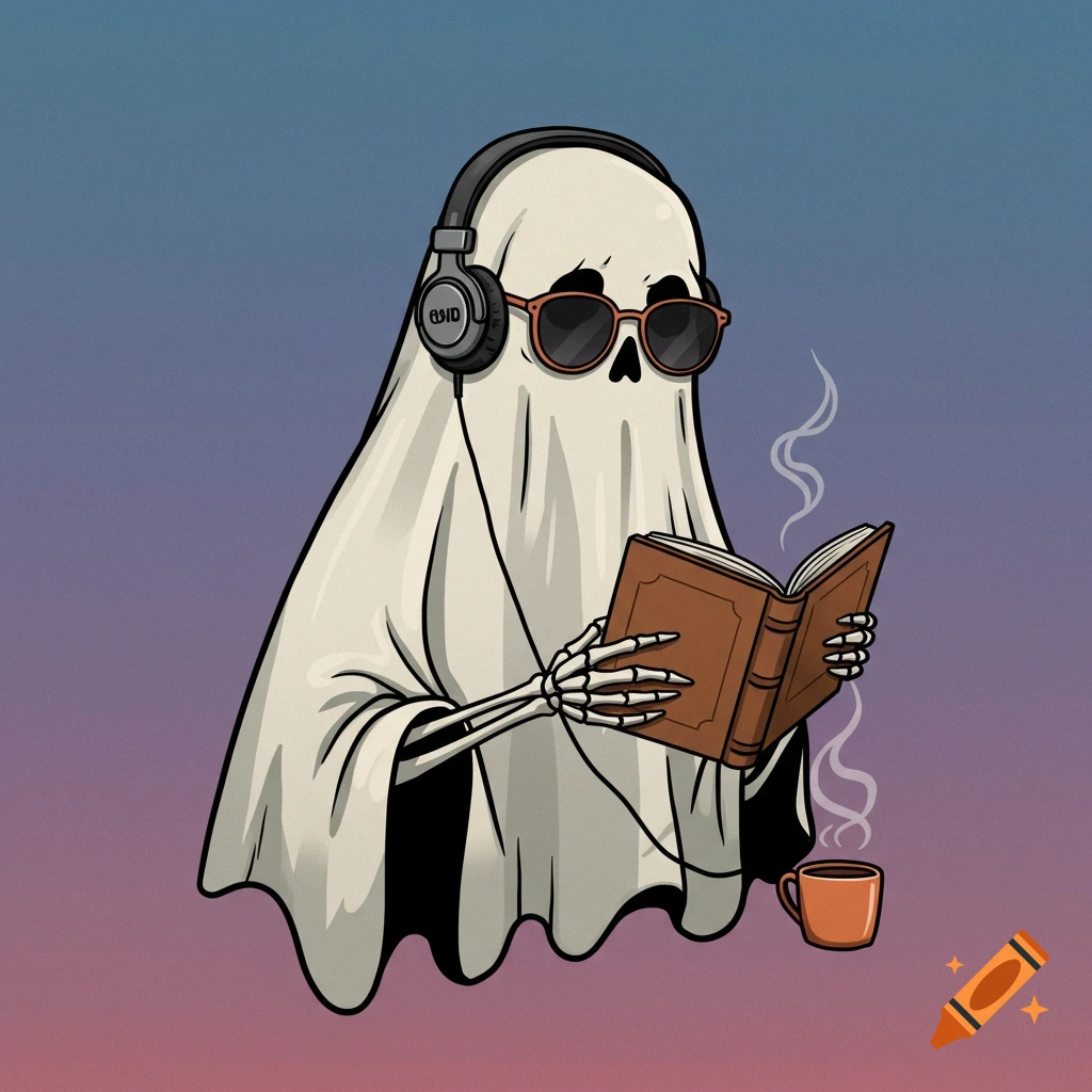 Illustration of a ghost in sunglasses and headphones reading a book next to a cup of coffee.