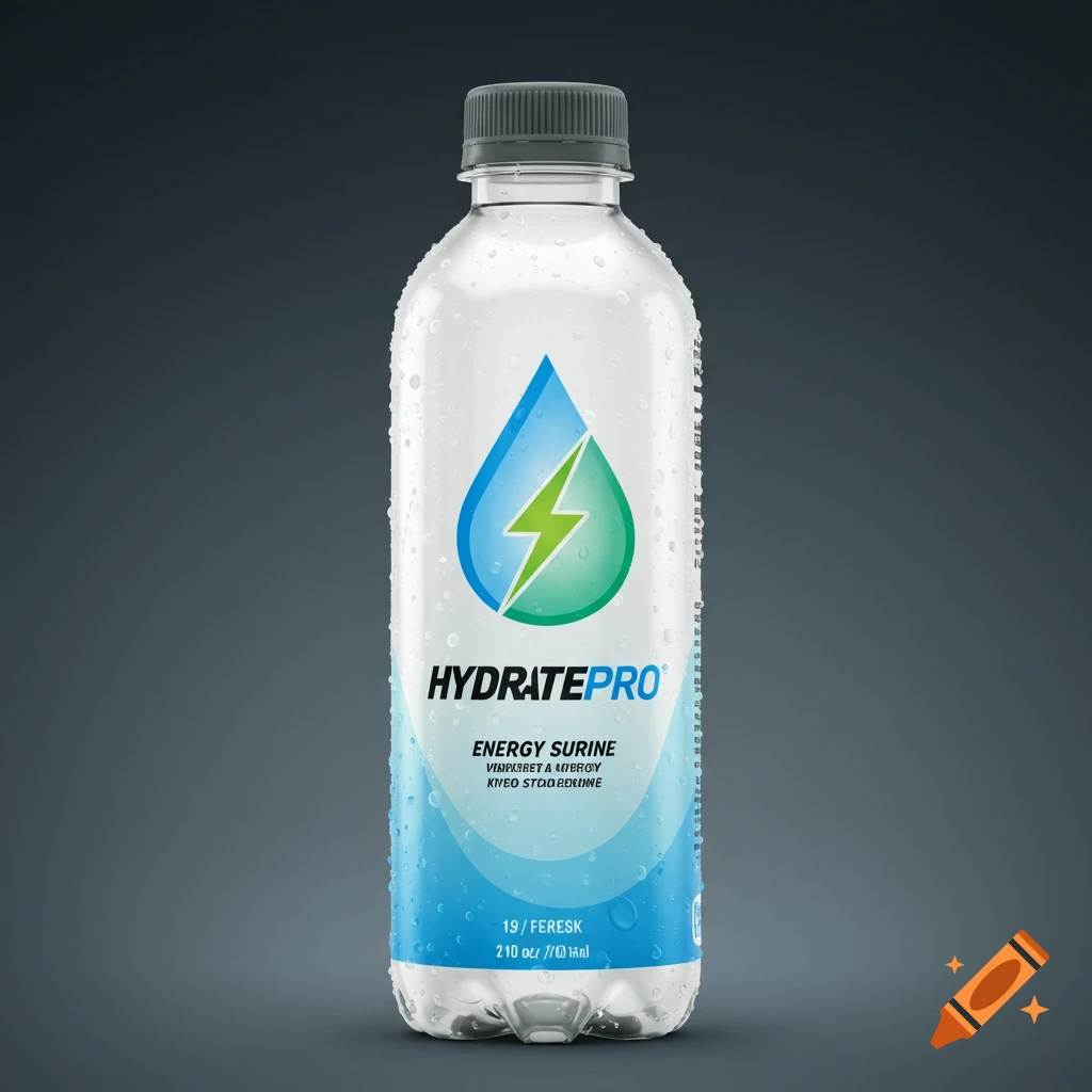 Photorealistic image of a transparent water bottle with condensation, featuring a blue and green logo and product text.