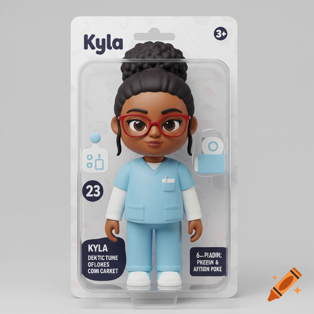 3D render of a cartoony action figure of a woman in blue scrubs inside clear plastic blister packaging.