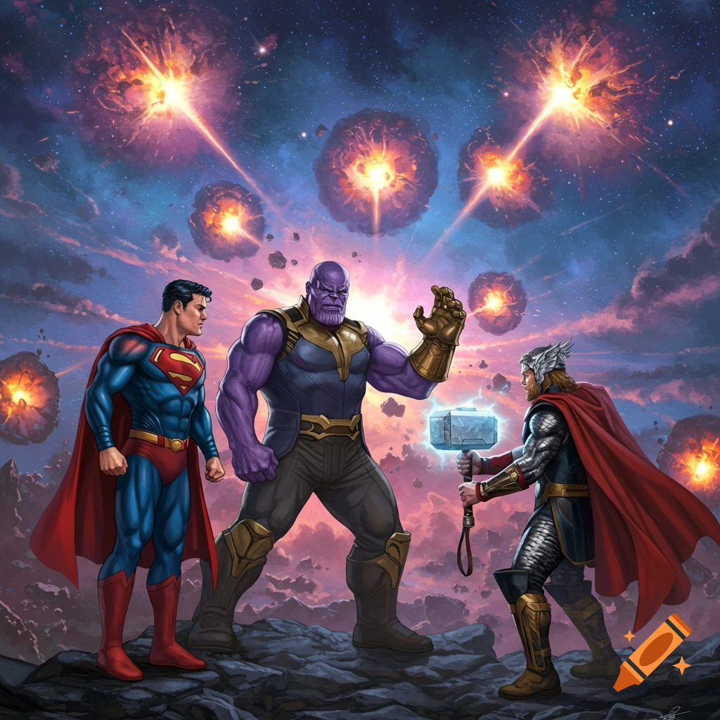 Superman and Thor face off against Thanos in a cosmic battle on rocky ground.