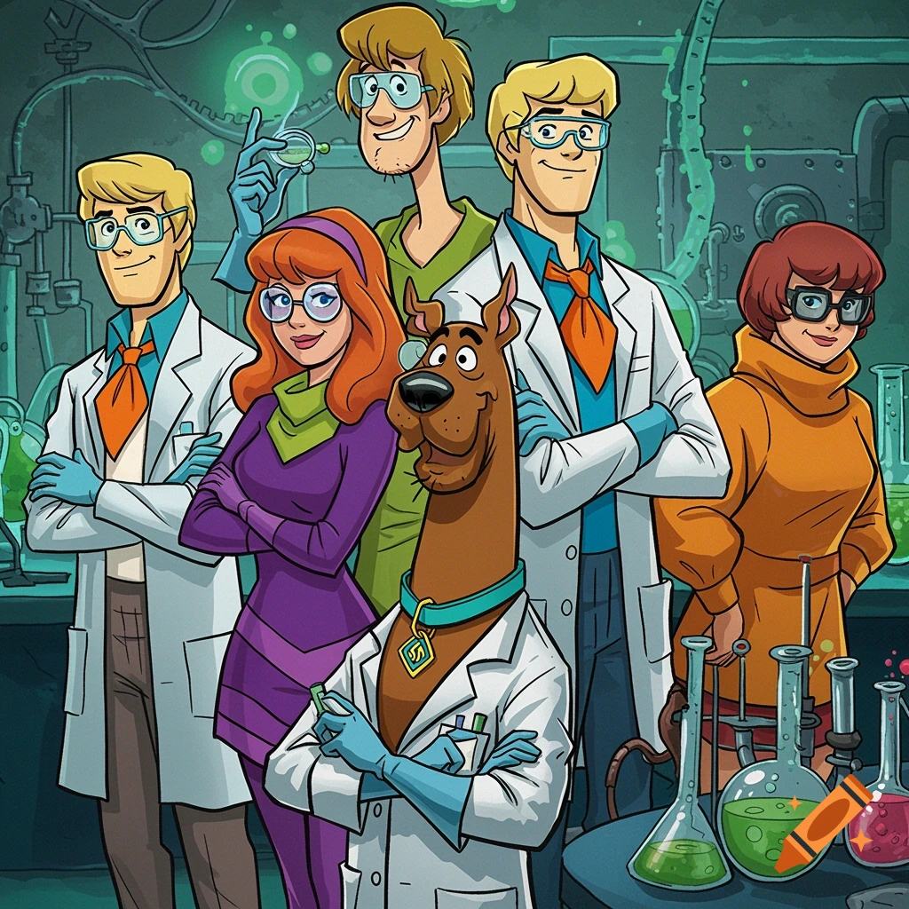 The Scooby-Doo characters, including Scooby, Shaggy, Fred, Daphne, and Velma, dressed as scientists in a laboratory.