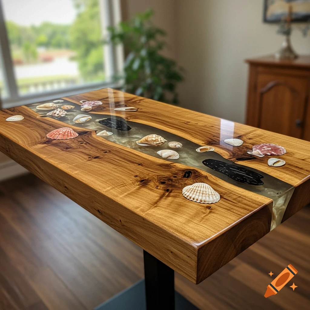 A close-up view of a wooden epoxy table with embedded seashells