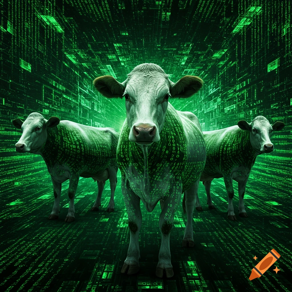 Three cows covered in green digital code stand in a Matrix-like digital space.