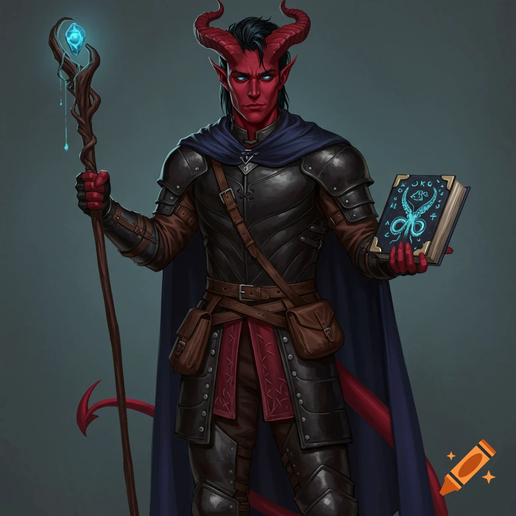 A male tiefling in armor with horns, tail, staff, and book with symbols.