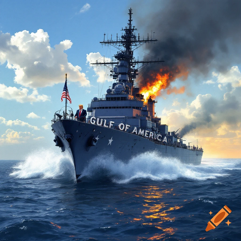 A warship is at sea with Donald Trump on the bow, an American flag, text 'GULF OF AMERICA', and fire/smoke.