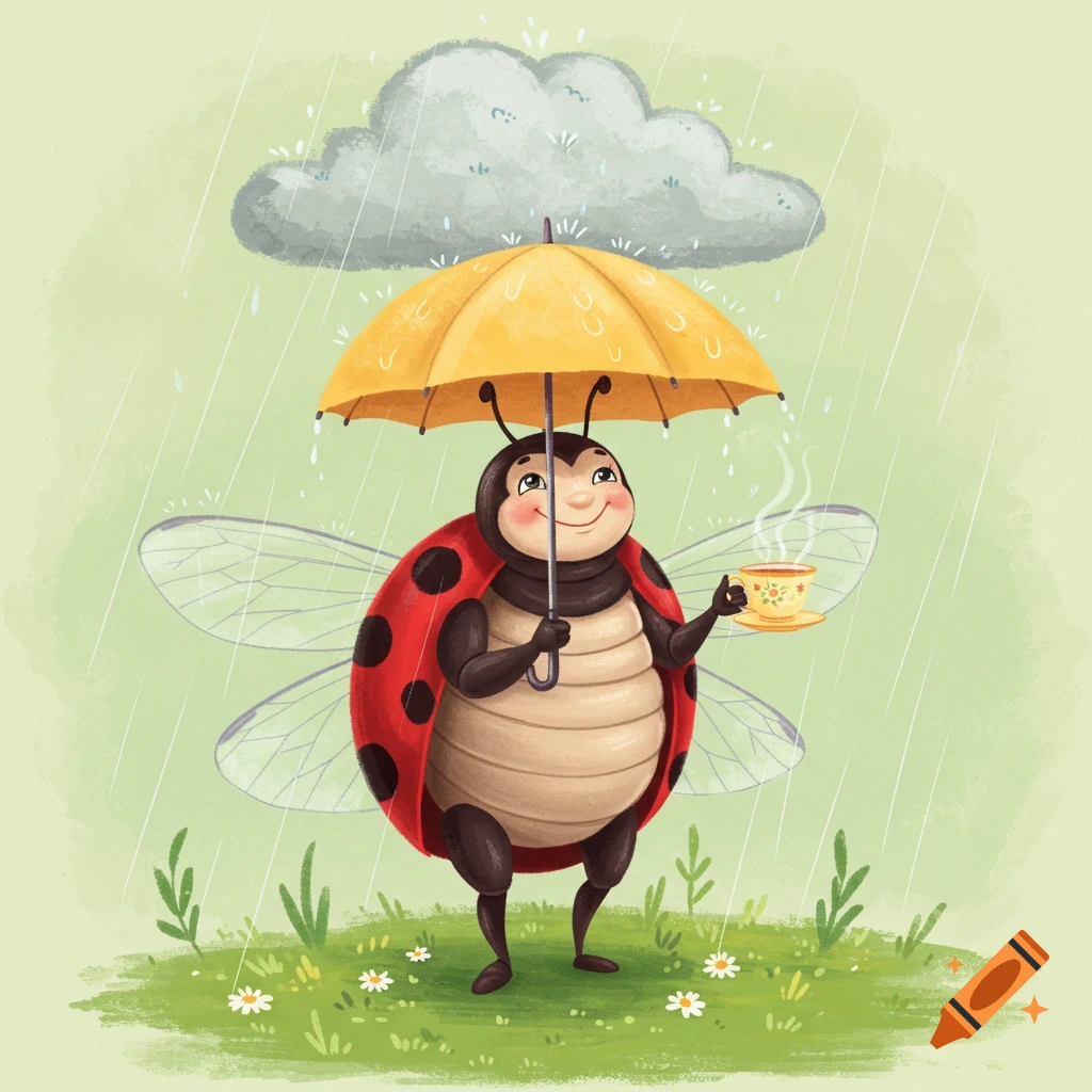 Cartoon ladybug holding an umbrella and tea in the rain