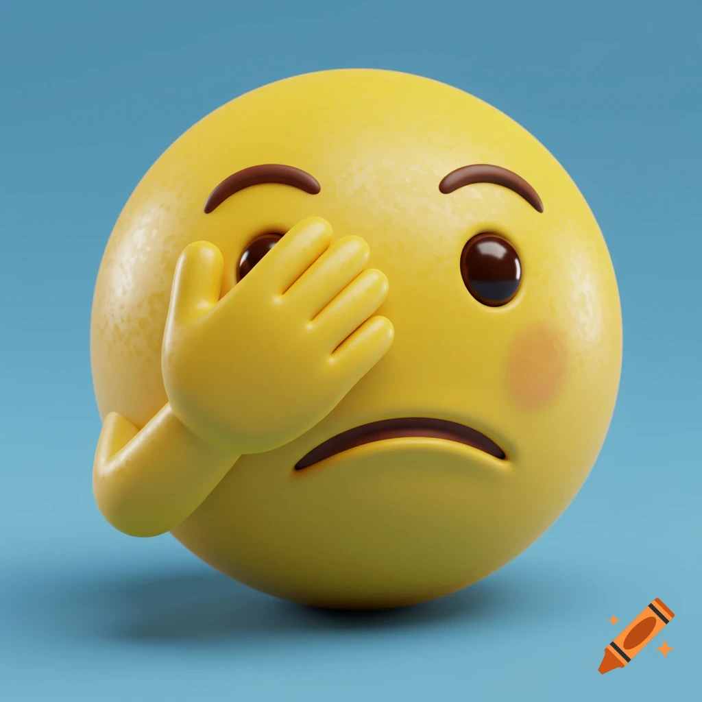 A 3D rendered yellow emoji face doing a face palm with a sad expression.