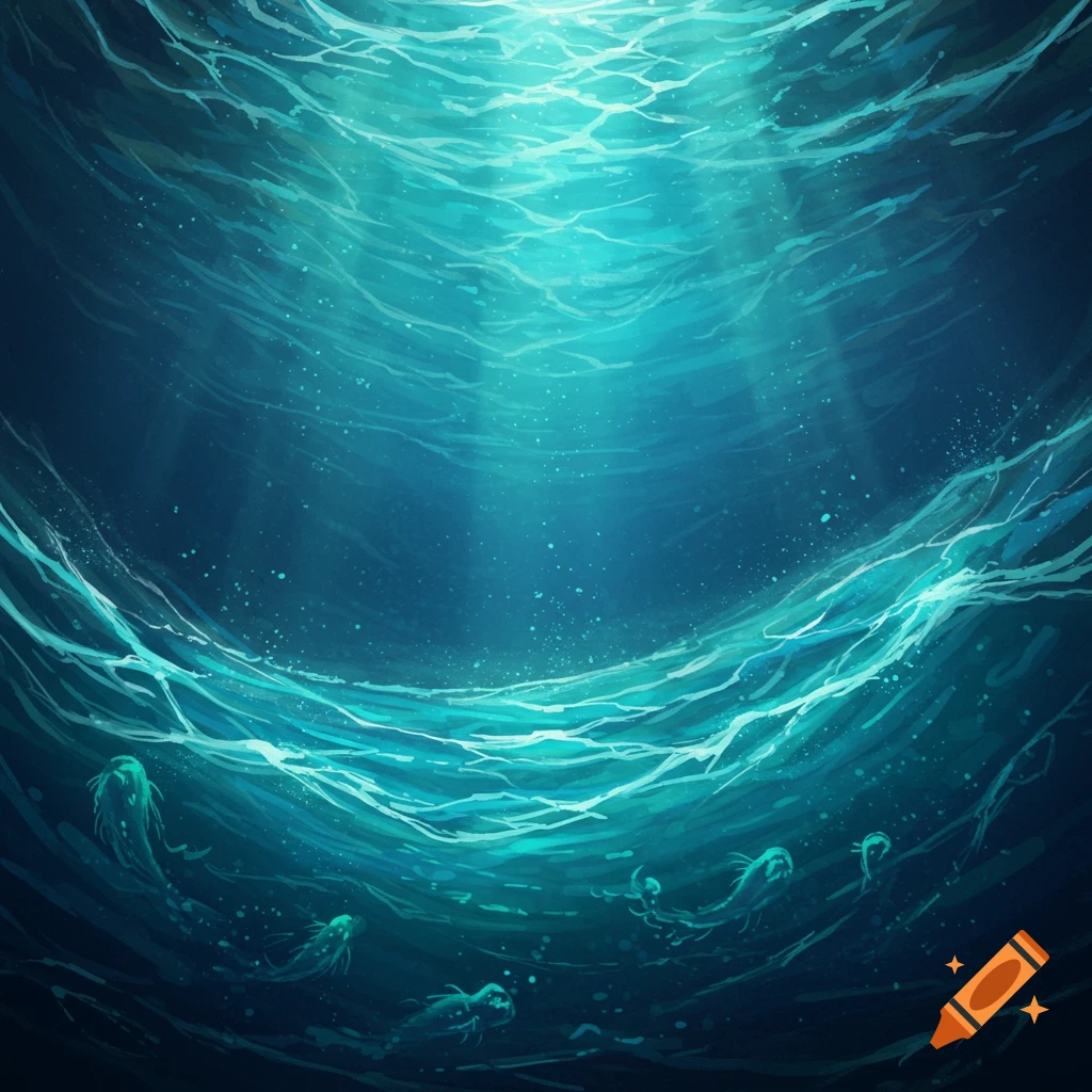 Sun rays penetrate deep blue water with stylized sea creatures swimming below.