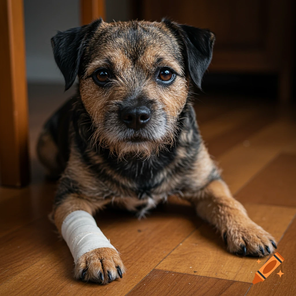 A border terrier dog lies on the floor with a bandaged paw.