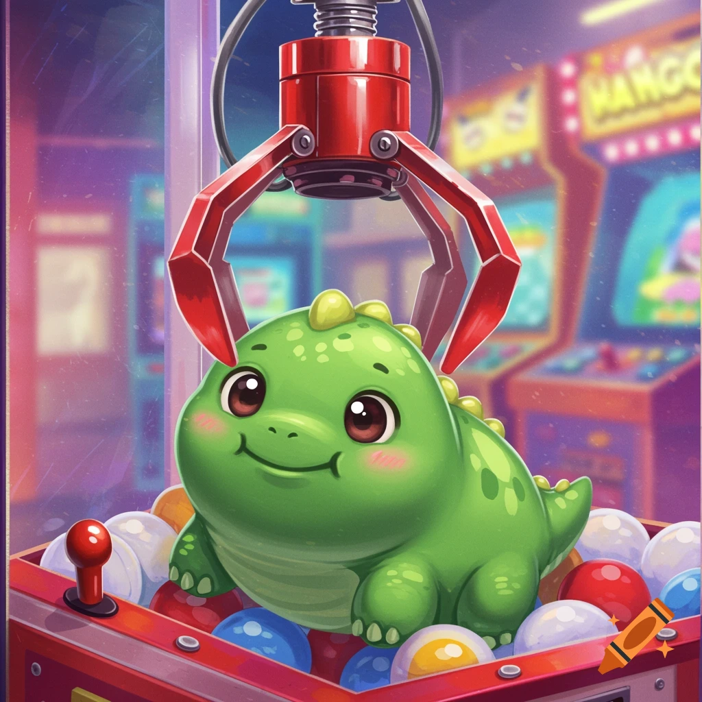 Cute cartoon dinosaur in a claw machine in an arcade.